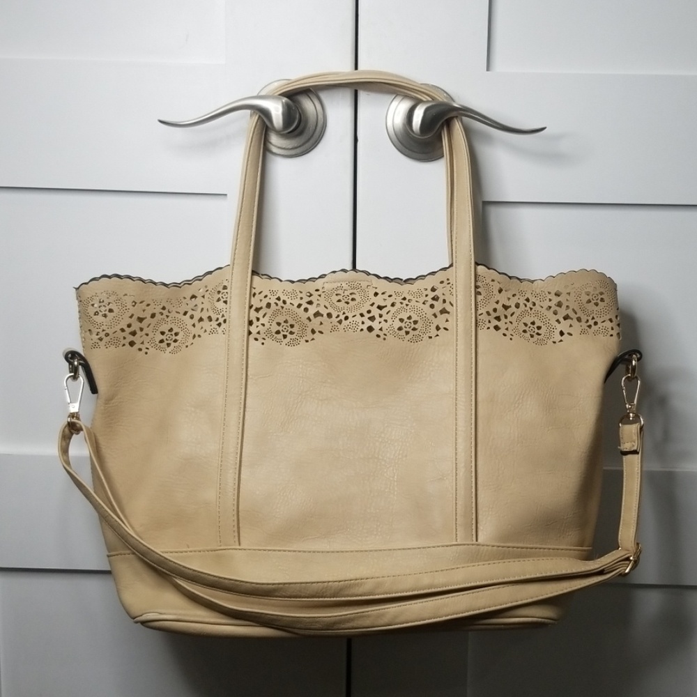 Tan Faux Leather Tote Bag with Floral Cutout